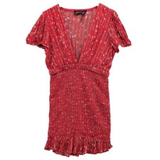 Free People Baby Love Smocked Bodycon Dress Red Combo Metallic Plunging Size S