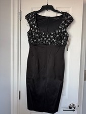 David Meister Embellished Black Satin Dress, Size 6