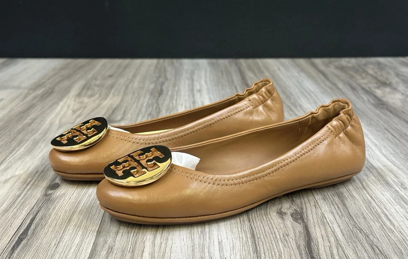 Tory Burch Minnie Travel Ballet Royal Tan Gold Womens Size 5 NEW Designer Luxe