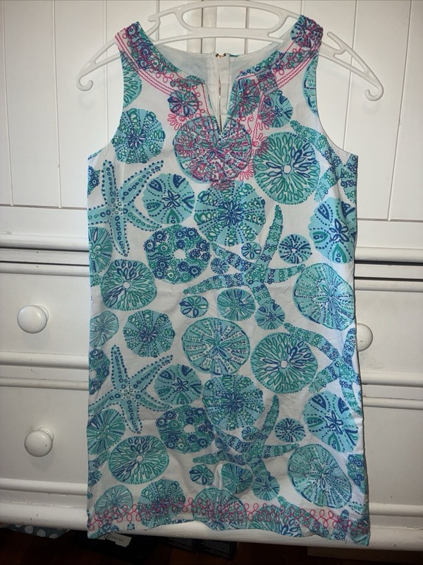 LILLY PULITZER GIRLS DRESS Large (10-12) BLUE & WHITE SAND DOLLAR LINED