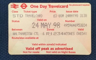 Vintage British London underground tube ticket zone 1 4 travelcard 24 May 1998