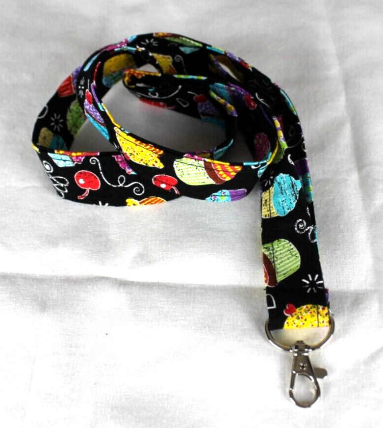 Black Colorful Cupcake Print Cotton Lanyard with Swivel J Hooks for ID Cards-image