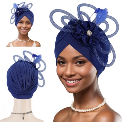 Elegant Formal Hat Africa Women Feather Flower Bead Wrap Hair Cap Headwear  Bonne