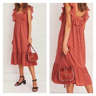 NEW ba&sh Medium Cut Out Detail Midi Dress Byrd Pink Ruffle Tiered Cotton