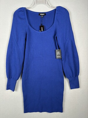 Express Women's Dress XS Blue Puff Sleeve Jumper Contour