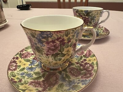 Pair of Antique Tea Cups & Saucers Bone China England by Royal Crown