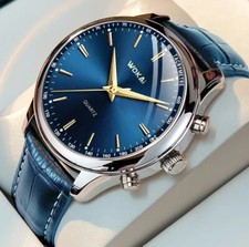 Men's Luxury Water Resistant Watch with Leather Strap Silver Blue Gold Quartz UK