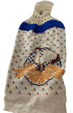 Handmade Crochet Top Hanging Kitchen Towel Rooster Blue Orange Crimson 21 x 16"