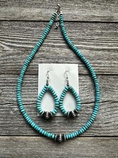 Sterling Silver Blue Turquoise Bead Necklace W Earrings Set. Gift 18 Inch