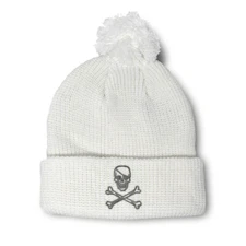 Pom Pom Beanies for Women Pirate Skull and Bones B Embroidery Acrylic Skull Cap