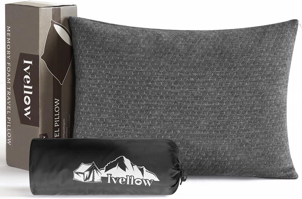 Ivellow Compressible Travel Pillow with Shredded Memory Foam for Camping and Sleep
