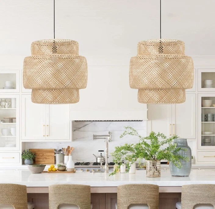Lámpara colgante de mimbre beige claro lámpara de ratán lámpara colgante tejida Foto 2 de 4