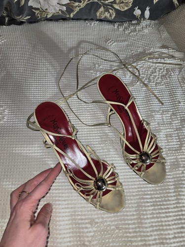 Vintage Yves Saint Laurent Gold Sandals Leather Strappy Heels Shoes Sz 7.5(8)YSL - Picture 10 of 10