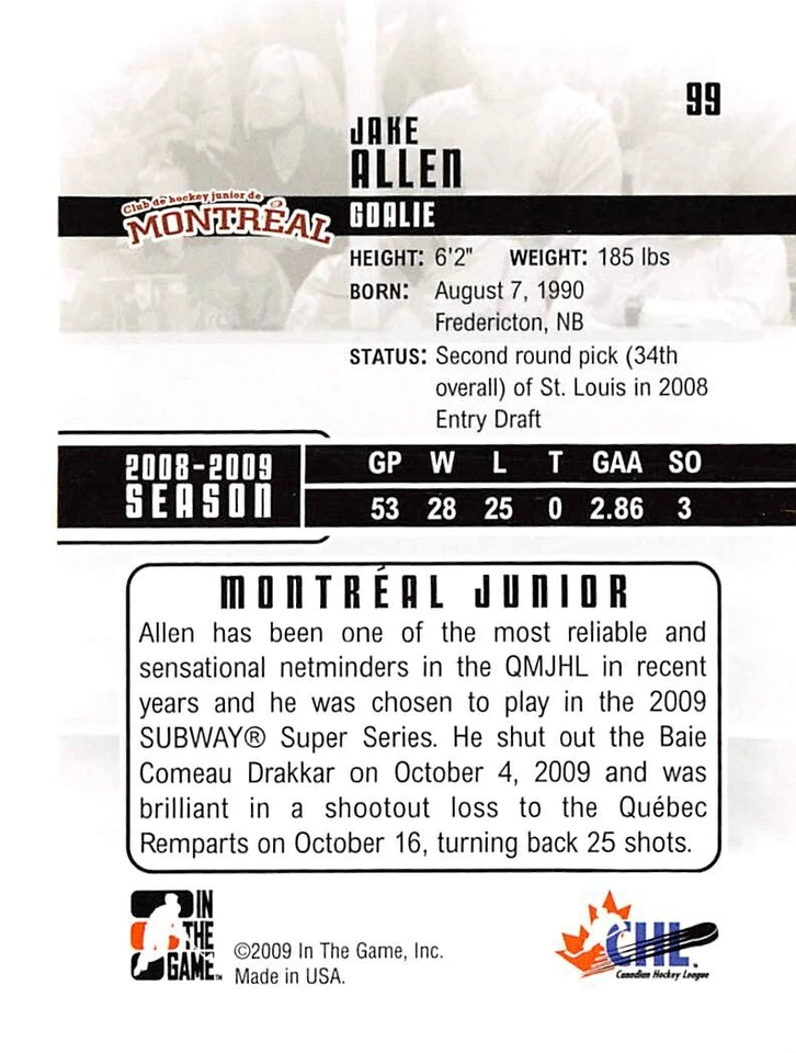 2009-10 ITG Heroes and Prospects #99 Jake Allen - Image 2 of 2