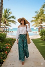 Womens Graceful Blue Floral Boho Palazzo Pants Handmade Flowy Wide-Leg Pants S/M