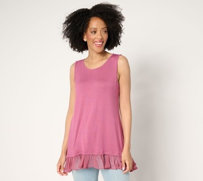 LOGO by Lori Goldstein Knit Tank Top with Hi-Low Chiffon Hem Raspberry XXS New