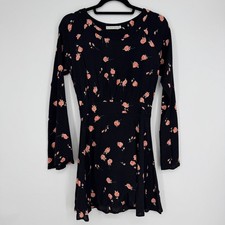 Flynn Skye Black Floral Print Open Tie Back Bell Sleeve Mini Dress USA Womens Sm