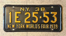 1938 NEW YORK license plate — BUFFALO — ORIGINAL WORLD'S FAIR vintage car tag