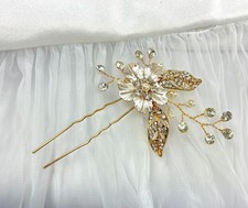 Bridal Pearl Crystal Hair Pin   Gold Floral Wedding Hairpiece   Flower Hair Ac