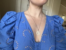 Custom Made - Blue Lace Embroidered Puff Sleeve V-Neck Button Dress Cotton