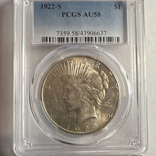 Peace Dollar 1922-S Silver $1 PCGS AU58 Business Strike 7359.58/43906637