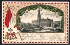 Passepartout-Lithographie Hamburg, Rathaus, Fahne und Wappen 1902 