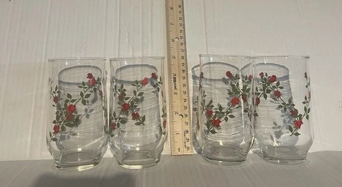 Lot of 4 Vintage Anchor Hocking Red Rose & Vine Tumbler Water Iced Tea Glass 5”