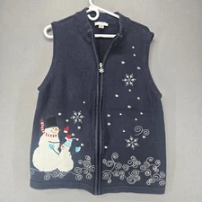 CJ Banks Christmas Sweater Vest, Snowman Theme, Embroidered, 1X, Navy, Zip