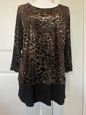 Leopard Print Sheer Tunic Top Size XL Soft Stretch Hem Flow Shiny Animal Comfort