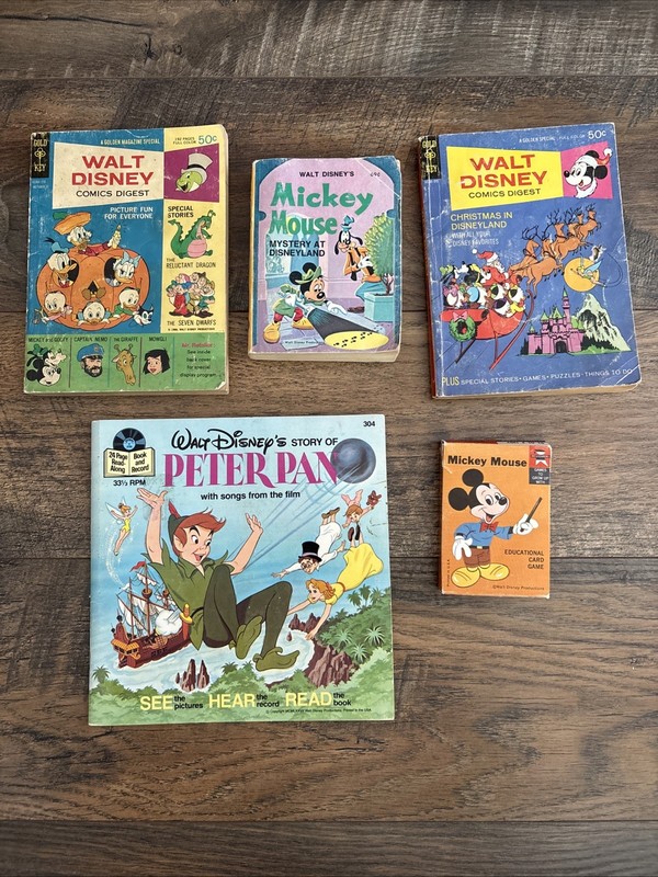 WaltDisney Mickey Mouse Books Peter Pan Record Mickey Mouse Card Game Lot