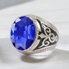 Blue Sapphire Oval Cut Gemstone With 925 Sterling Silver Ring For Men's #835