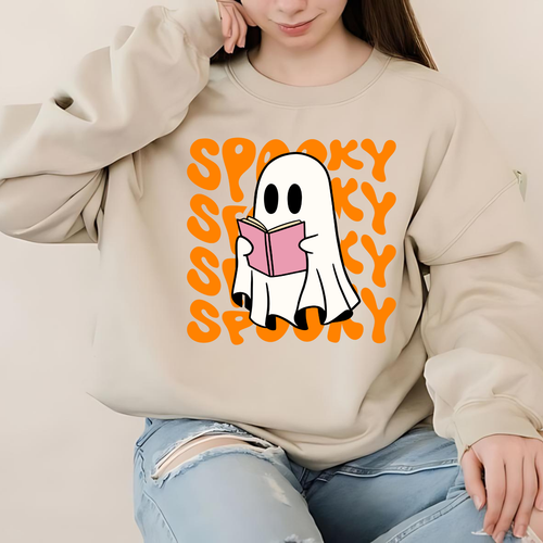 Halloween Sweatshirt Classic Hoodie with Spooky Ghost and Spider Web Graphic - Picture 3 of 14