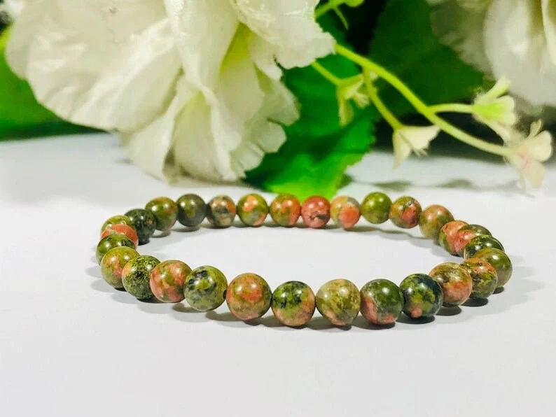 Brazalete elástico curativo de piedras preciosas con cuentas forma redonda natural Unakita de 8 mm Foto 2 de 4