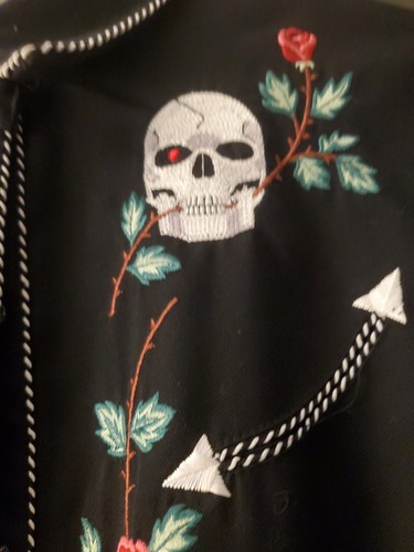 Scully Shirt Pearl Snap Skull Roses Cowboy Medium Vintage Gene KISS Rockabilly - Picture 5 of 13