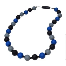 Silicone Chewable Sensory Bead Necklace, Anxiety Stress Relief, Blue Black Gray