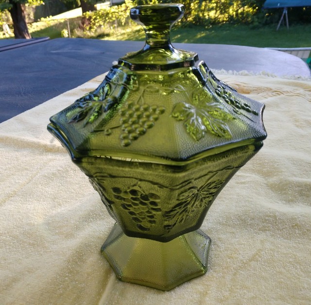 Depression Glass Footed Candy Dish with Lid Avocado Green color eBay