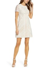 ELIZA J Ivory White Nude Lace Sheer Short Sleeve Cocktail Mini Dress 10 = M
