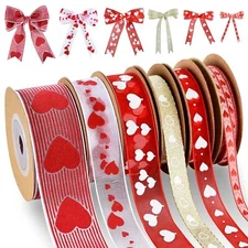 6 Rolls Red Love Heart Ribbon Red Pink Hearts Grosgrain Organza Ribbons for G...