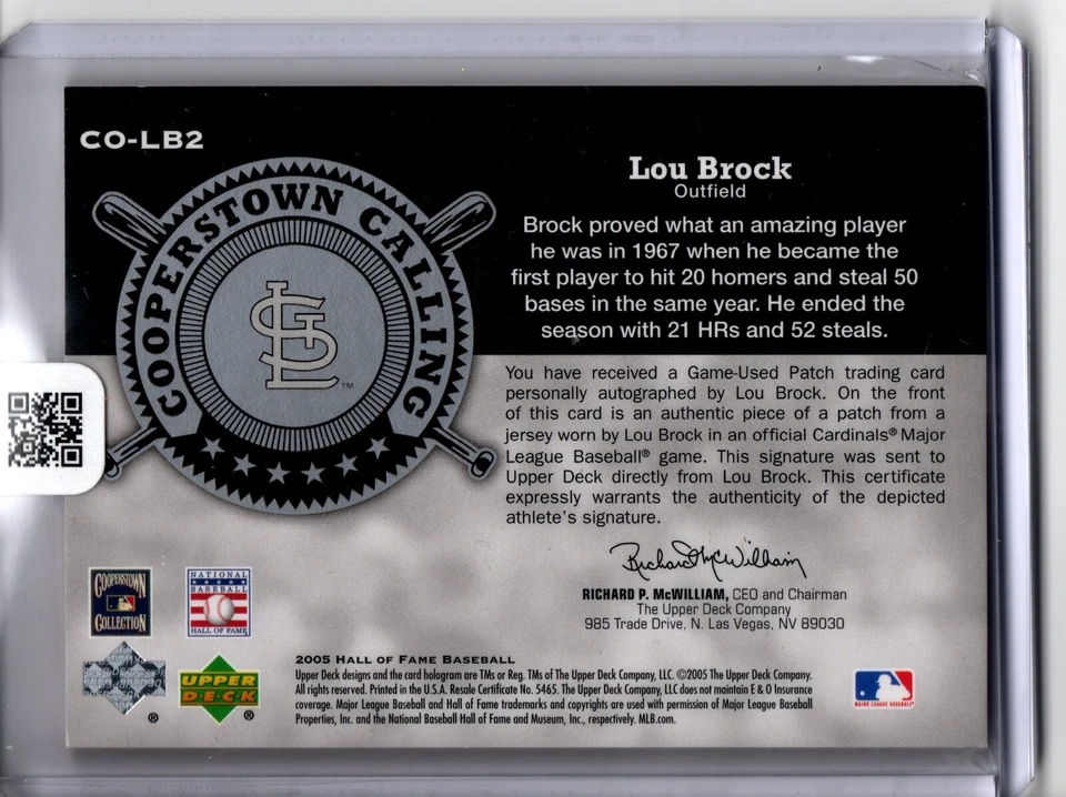 Upper Deck Cooperstown Calling Lou Brock 2005 juego usado reliquia/automático 4/5 Foto 2 de 2