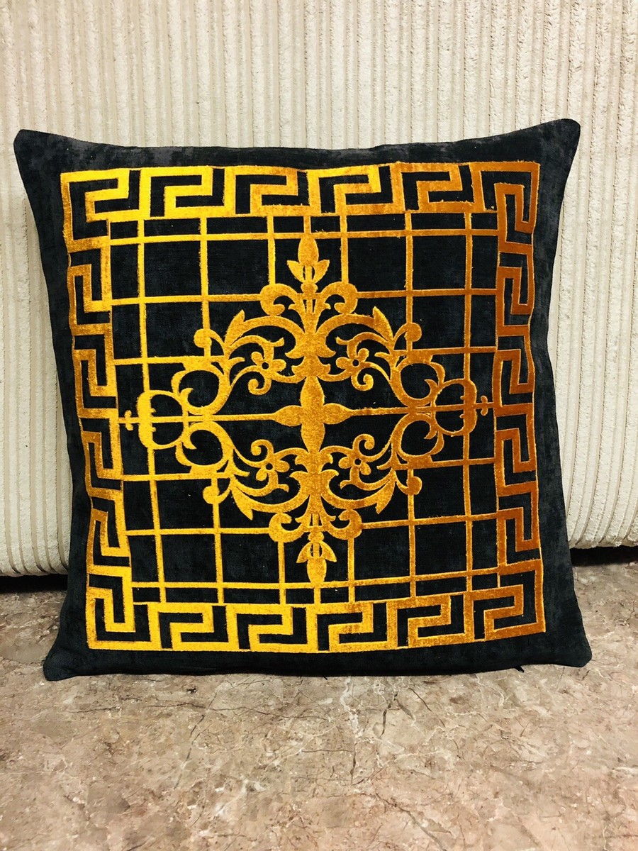 Black Gold Greek Key/border Geometric Circle Velvet Pillow Throw