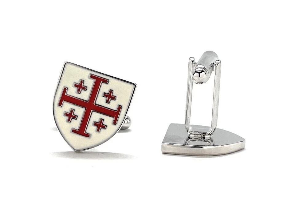 Gemelos Crusaders Shield Hombre Cruz Jerusalén Religioso Diseño Esmalte Rojo Foto 3 de 4