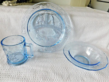 Vintage Tiara Glass Pale Blue Nursery Rhyme 3 pc set Children's Embossed Dishes