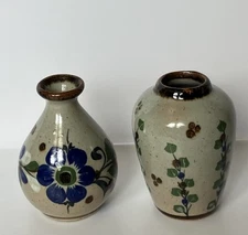 Vintage Tonala Mexican Glazed Pottery Bud Vases (2) Hand Painted 4 Inches Signed