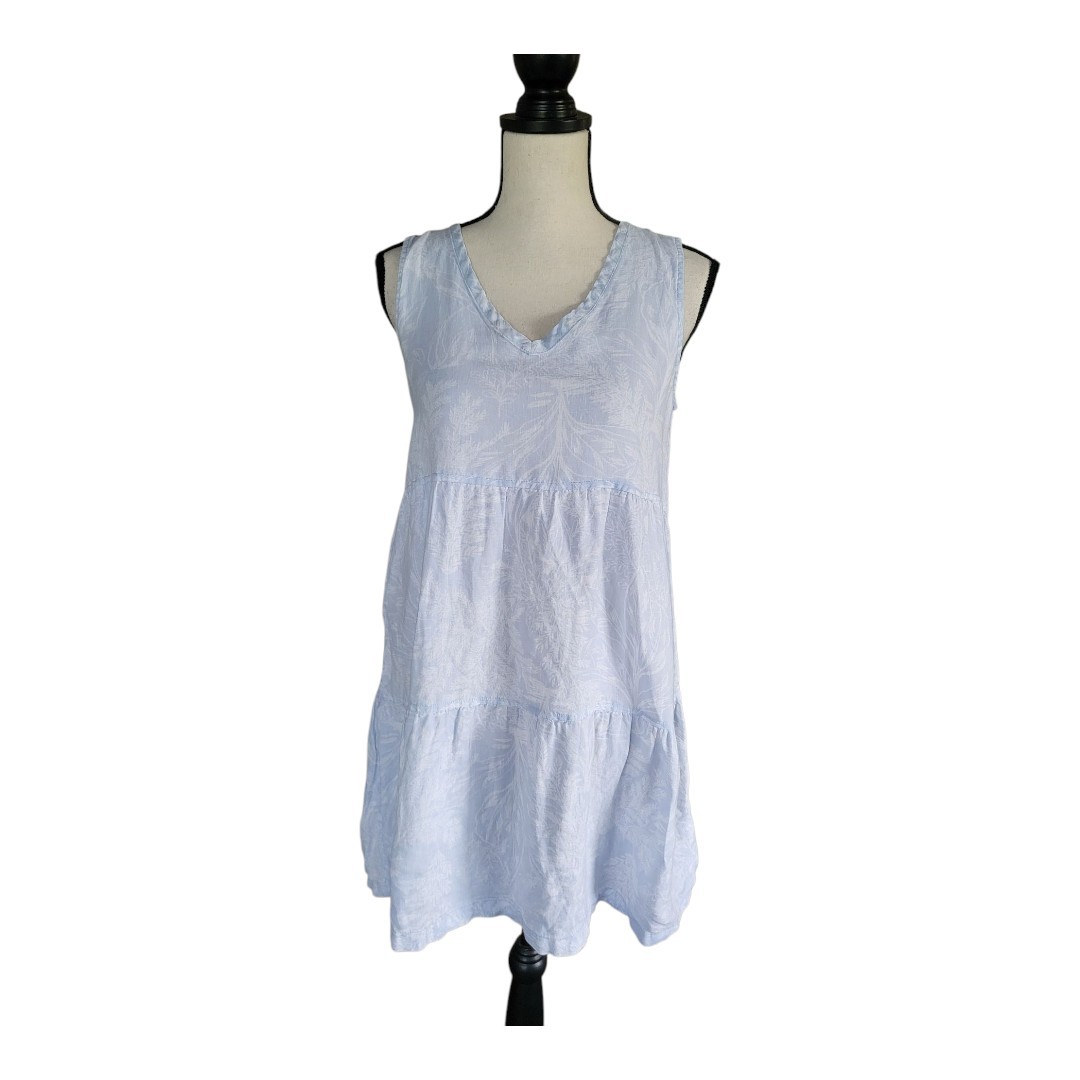 tahari blue linen dress Tahari Tahari Lt Blue Linen Floral Print Sleeveless Tiered Mini Dress S