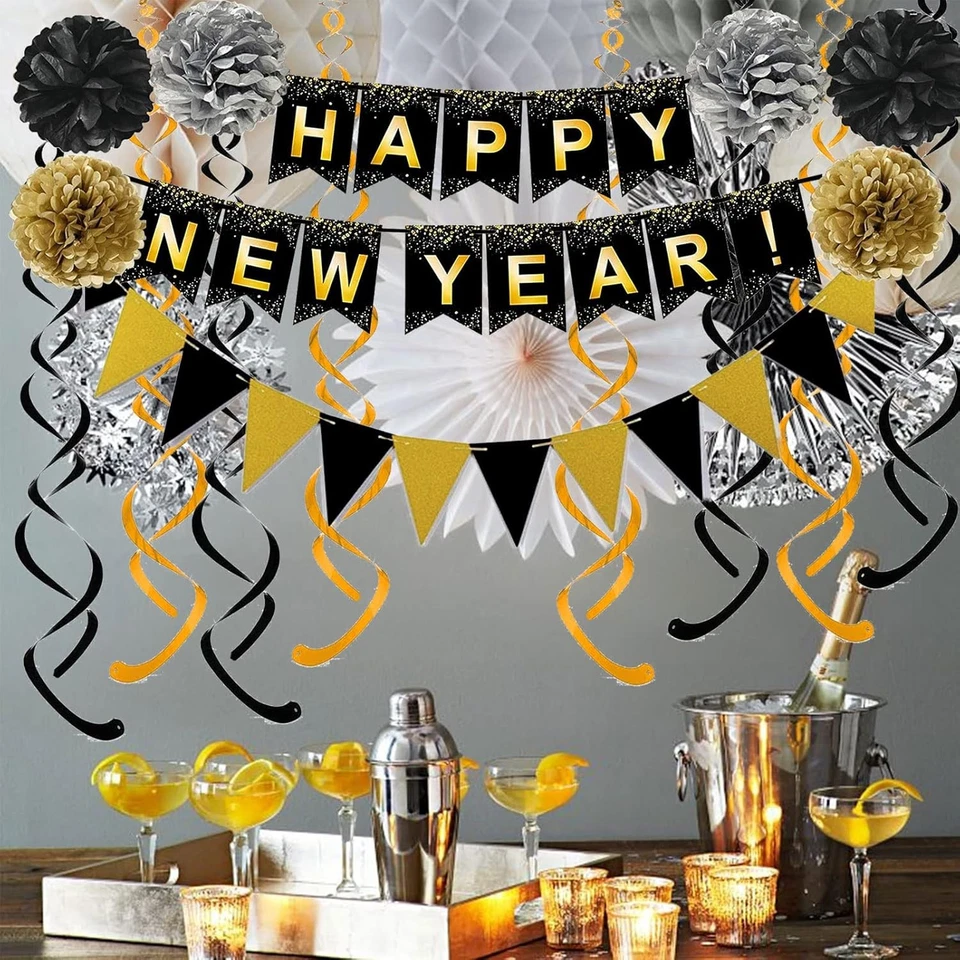 Juego de Feliz Año Nuevo Banner Negro con Bandera de Papel Negro Dorado Bunting Swirl Streame Foto 3 de 4