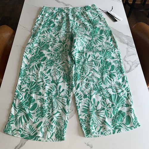 Nicole Miller 100% Linen Wide Leg Pants Elastic Waist Green Floral Sz Large NWT