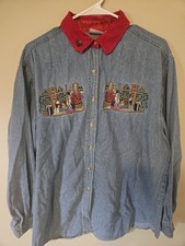 Women Size XL Vtg Bobbie Brooks Denim Window display Embroidered Christmas shirt