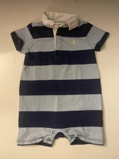 Ralph Lauren Infant Boys One Piece Romper  Navy and Light Blue Stripes 9 Months