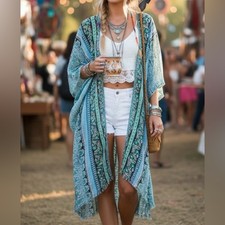 Umgee Boho Kimono Fringe Cardigan Green Blue Festival Hippie M/L Duster NWT