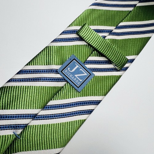 JZ Richards Green,White&Blue Striped Woven Silk Tie 60x3.25” - Picture 5 of 12